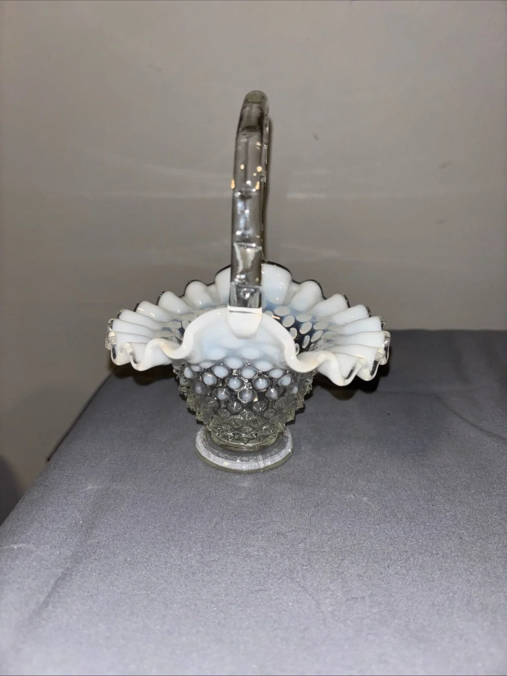 Fenton White Hobnail Milk Glass Basket with Clear Handle